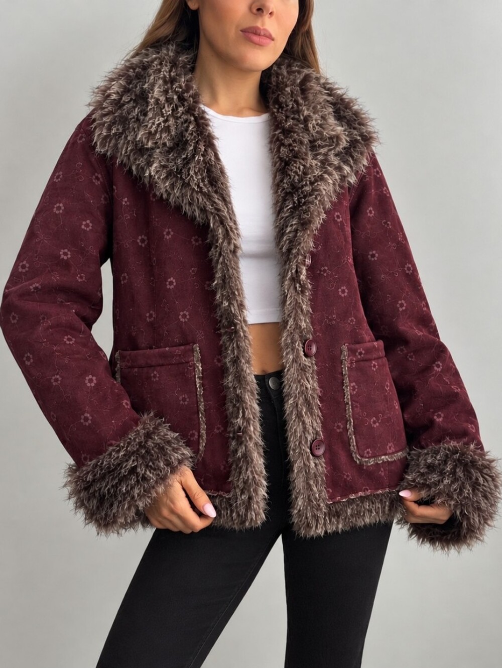 Lindor Vintage Y2K Faux Fur Trim Burgundy Embroidered Penny Lane Women Jacket S